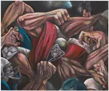 Ernie Barnes, Battle in the Line, 1971–1975, oil on canvas