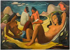 Ángel Botello, Niñas en la playa, 1947, oil on canvas mounted to panel