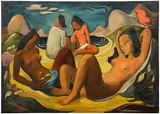 Ángel Botello, Niñas en la playa, 1947, oil on canvas mounted to panel