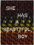 SHE WAS A BEAUTIFUL BOY by Jeffrey Gibson (Choctaw & Cherokee), 2020, acrylic felt, cotton canvas, nylon thread, glass beads and artificial sinew on panel, sold May 2026