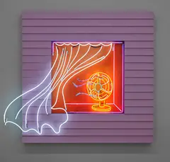 Alex Da Corte, Dog Day Afternoon, 2021, neon, vinyl siding, laminate, plywood, house paint, velvet and hardware