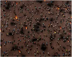 Juan Genovés, Incendiarios IX, 2013, acrylic and mixed media on panel