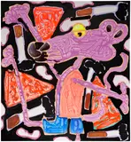 Katherine Bernhardt, Panther, Bacterium, Cigarettes + Pizza, 2023, acrylic and spray paint on canvas