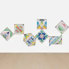 Haegue Yang, Flashy Prismatic Composition - Trustworthy #232, 2014, envelope security patterns and graph paper collage, in artist’s frames, in 8 parts