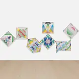 Haegue Yang, Flashy Prismatic Composition - Trustworthy #232, 2014, envelope security patterns and graph paper collage, in artist’s frames, in 8 parts