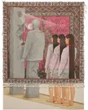 Arghavan Khosravi, Mesmerized, Listen to the Big Brother, 2019, acrylic, cement and colored pencil on found wood block printed fabric and cotton canvas mounted on wood panel