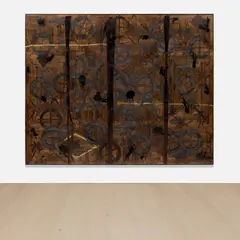 Rashid Johnson, Nukeout, 2012, branded red oak flooring, black soap, wax and paint