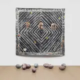 Paulo Nimer Pjota, Black Painting part. 1, 2017, acrylic on unstretched canvas and resin footballs, in 11 parts