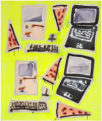 Katherine Bernhardt, Laptops, Apple Computers + Pizza, 2014, acrylic and spray paint on canvas