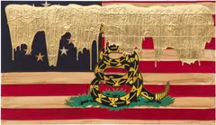Andrew Schoultz, Snake, 2012, acrylic, plaster, gold leaf and embroidery on fabric over board