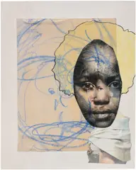Deborah Roberts, Mis-Education of Mimi, 2013, acrylic, pastel, marker and paper and vinyl collage on paper