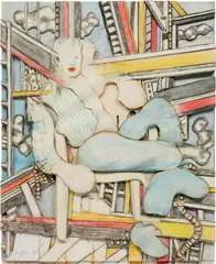 Larry Rivers, Blue Collar Holiday: Yellow Beam, 1989, pencil and colored pencil on cut paper mounted to sculpted foamboard on panel