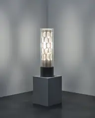Brion Gysin, Dreamachine, 1985, Plexiglas, paperboard, lightbulb, tape, motor, electric component and painted wood base