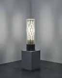 Brion Gysin, Dreamachine, 1985, Plexiglas, paperboard, lightbulb, tape, motor, electric component and painted wood base