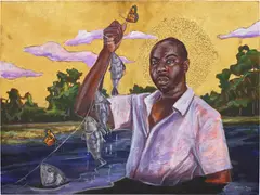 Stephen Towns, Anatomy of Abundance, 2018, acrylic, metal leaf, paper collage and glitter on panel