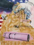 Pat Phillips, Untitled “The first line of defense... the only defense... the only LEGAL defense against domestic terrorist”, 2021, acrylic, graphite stick, graphite ingot, spray paint and found sticker on paper