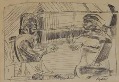 Robert Colquhoun, Weaving Army Cloth, mixed media monoprint and pen