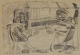 Robert Colquhoun, Weaving Army Cloth, mixed media monoprint and pen
