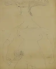 Robert Colquhoun, Nude with flowers, pen and blue ink