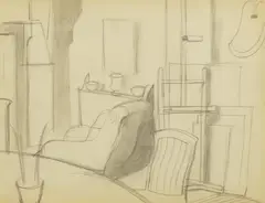 A cottage interior, probably Lane End House, Meadle by John Nash, pencil, sold Jul 2026