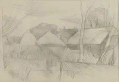 Farmyard with straw stacks, circa 1920s by John Nash, pencil, sold Jul 2026