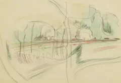 John Nash, Landscape, 1920s, pencil and crayon with pencil annotations