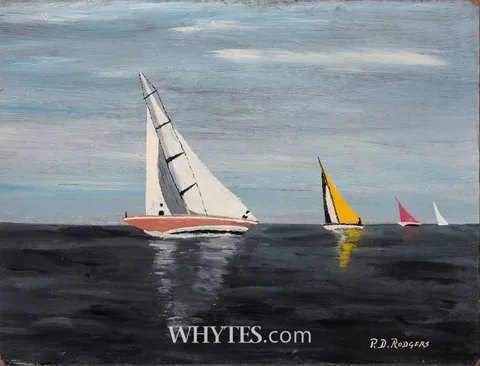 Patsy Dan Rodgers, FOUR SAILBOATS, 1973, oil on board; (unframed)
