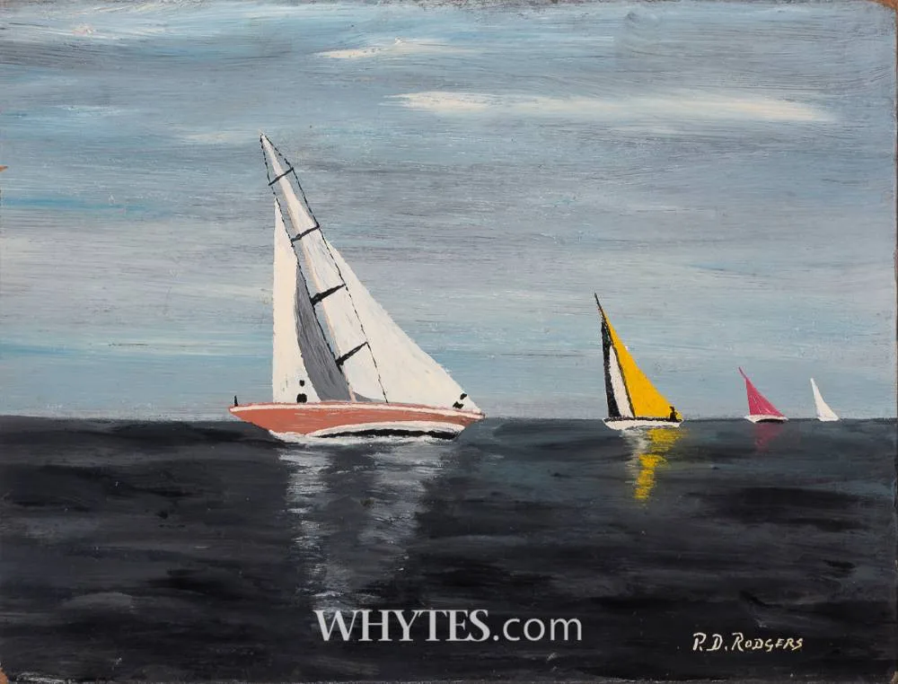 FOUR SAILBOATS by Patsy Dan Rodgers, 1973, oil on board; (unframed), sold Jun 2026