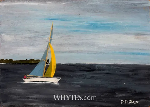 Patsy Dan Rodgers, SAILBOAT OFF TORY, COUNTY DONEGAL, 1973, oil on board; (unframed)