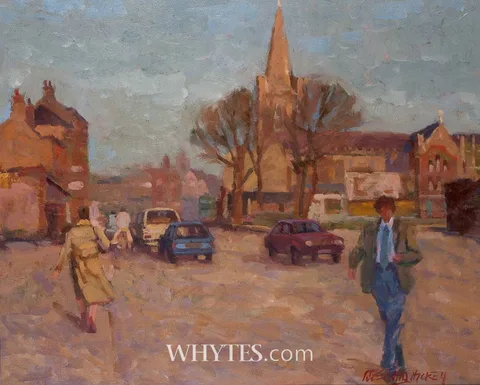 ST. PATRICK'S CATHEDRAL FROM CLANBRASSIL STREET, DUBLIN by Desmond Hickey, oil on board, offered Jun 2026