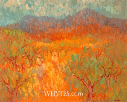 Desmond Carrick, CONVERSATION BETWEEN OLIVE PICKERS, NERJA, SPAIN, 1981, oil on canvas board