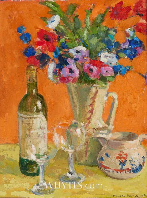 Philippa Bayliss, STILL LIFE WITH JUG AND WINE, 1991, oil on board