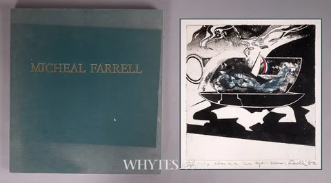 Micheal Farrell, A SHORTER HISTORY, 1982, folio of eight etchings with aquatint, plus eight sheets of letterpress in green linen clam shell case (no. 9 from an edition of 80)