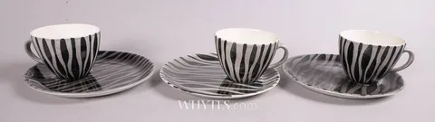 John Ffrench, CUP & SAUCER/PLATE 'NIGHT-CAP' SET, 1962 (SET OF SIX), hand-painted ceramic; cup; (3); saucer; (3)