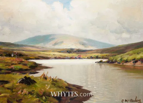 Charles McAuley, STACKING TURF IN THE GLENS, oil on canvas