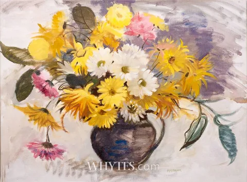 Geraldine O'Brien, SHASTA DAISIES AND YELLOW DAISIES IN BLOOM, oil on canvas