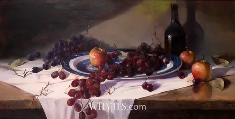 Owen Rohu, STILL LIFE WITH APPLES AND GRAPES, oil on board