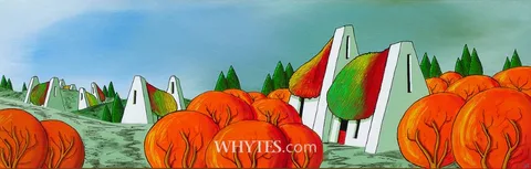 T. J. Miles, COTTAGES WITH TREES, oil on board