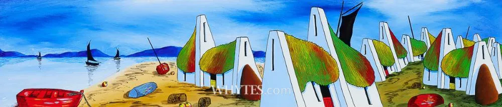 T. J. Miles, COTTAGES BY THE SHORE, oil on board