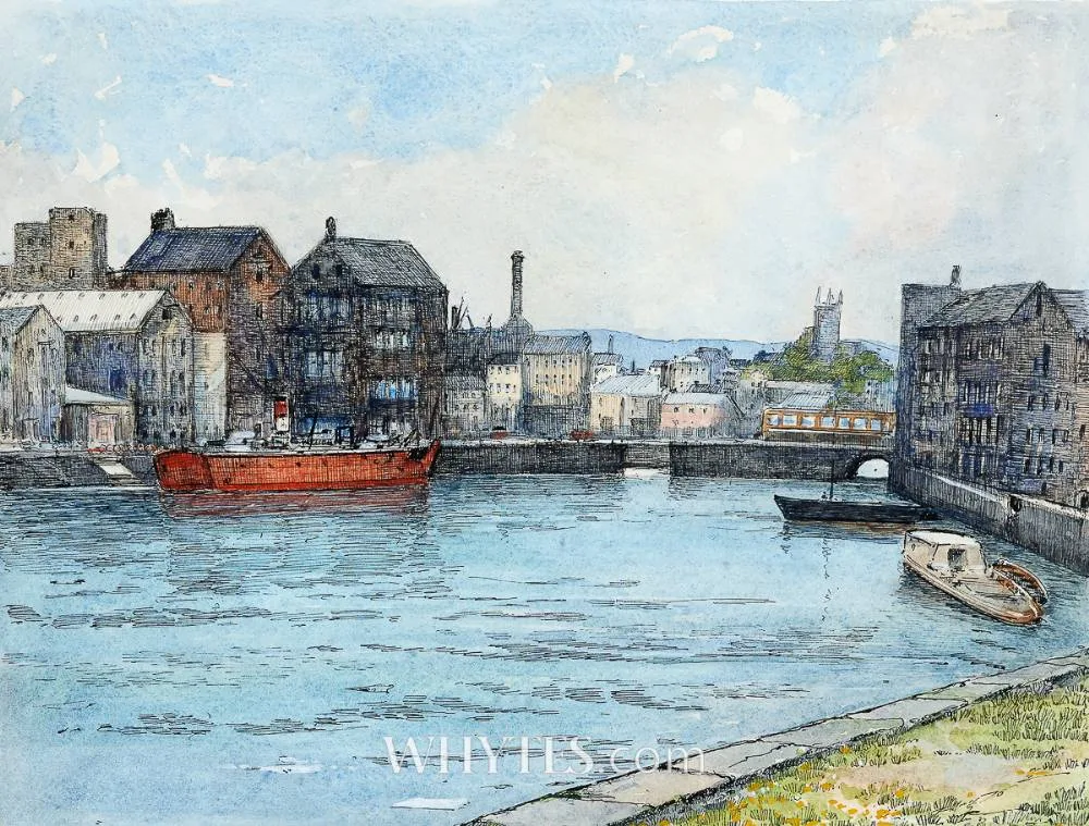 RINGSEND DOCK, DUBLIN by Flora Mitchell, watercolour with ink, sold May 2026