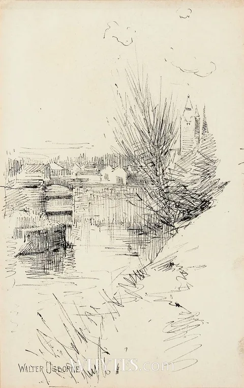 Walter Osborne, BRIDGE SCENE, ink