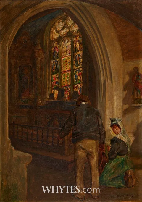 BRETON CHURCH INTERIOR WITH FIGURES by Aloysius C. O'Kelly, c.1905, oil on canvas, offered May 2026
