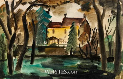 HOUSE THROUGH WOODED LAND by Norah McGuinness, watercolour, sold May 2026