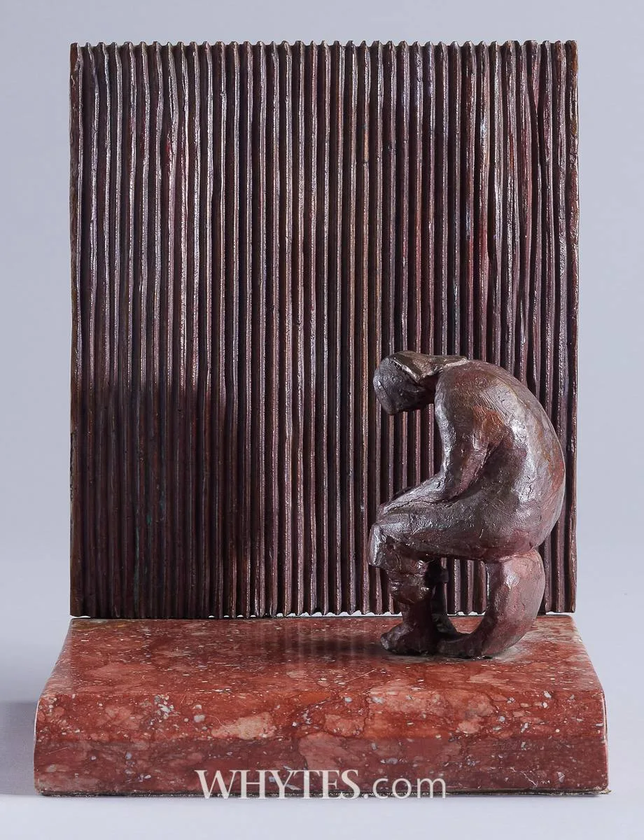 Cliodhna Cussen, FEMALE FIGURE SEATED BY A WALL, bronze on red marble base; (unique)