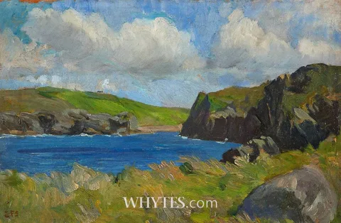 Estella Solomons, CLIFFS AND COVE WITH A LIGHT BREEZE BLOWING, COUNTY KERRY, oil on board