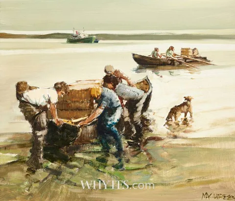 NAOMH ÉANNA ARRIVES AT INISHMAAN by Cecil Maguire, 1983, oil on board, sold May 2026