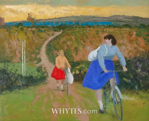 Patrick Leonard, SCHOOL GIRLS RETURNING HOME, DUBLIN-BELFAST EXPRESS PASSING, 3.30PM, oil on board