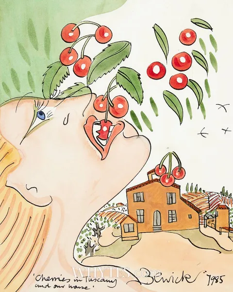 Pauline Bewick, CHERRIES IN TUSCANY AND OUR HOUSE, 1985, watercolour