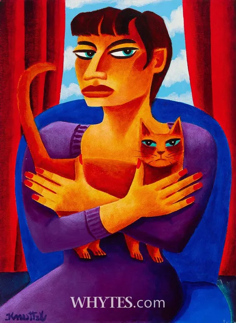 Graham Knuttel, WOMAN AND CAT, oil on canvas