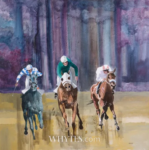 Desmond Kinney, HORSE RACING, oil on canvas; (unframed)